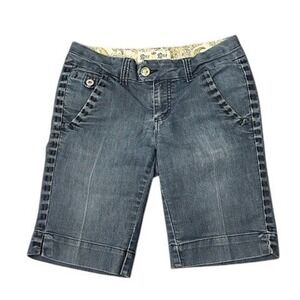 One 5 One Size 4 Coquette Denim Bermuda Shorts Blue Floral Buttons Cottagecore